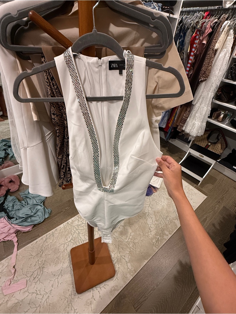 Zara White Deep V Embellished Bodysuit